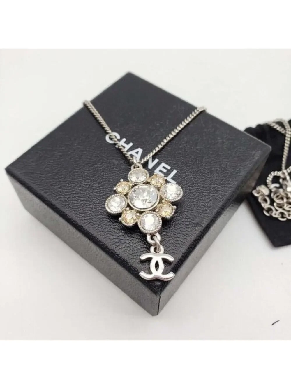 Authentic CHANEL CC with stone Necklace Silver Color 480-050522